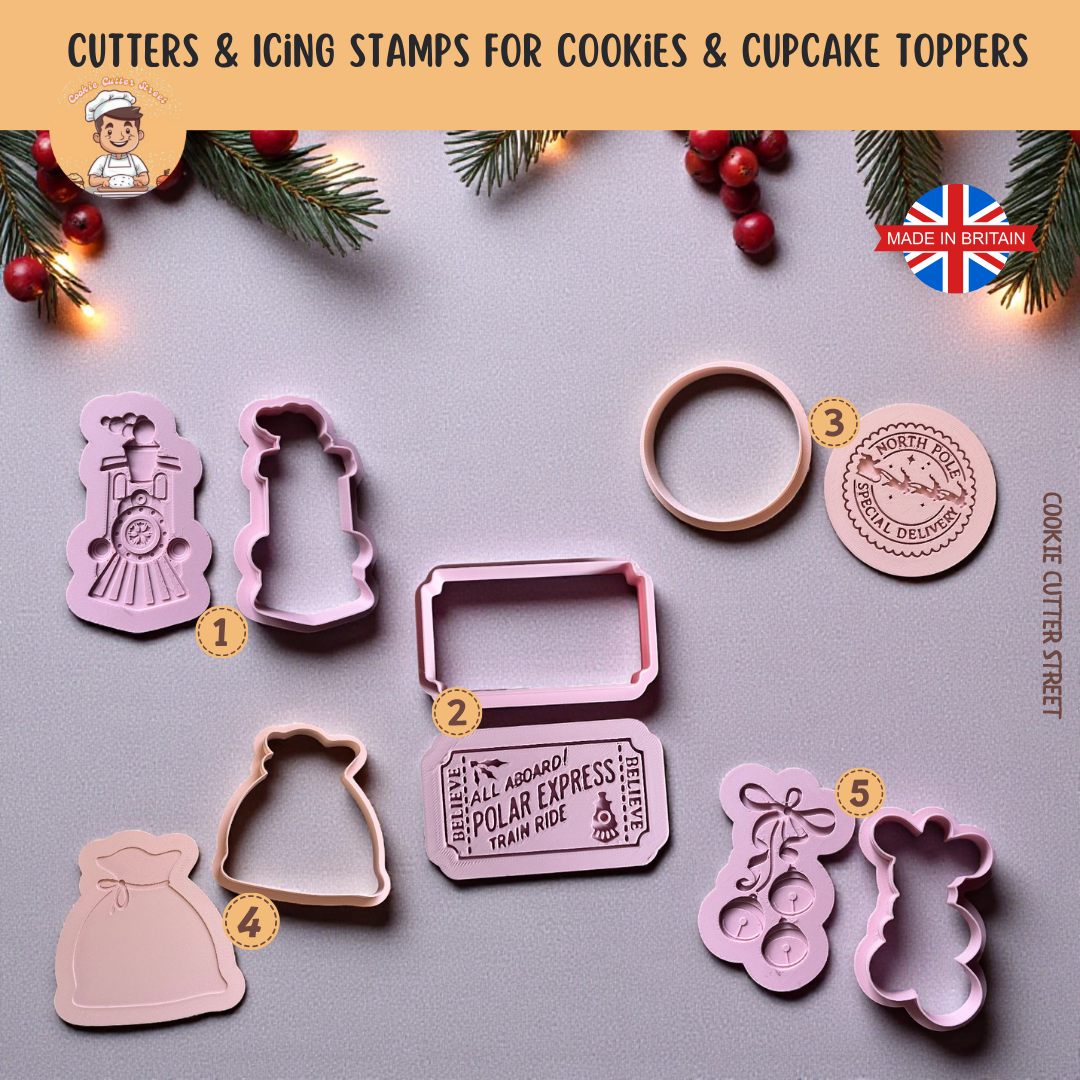 Set of Polar Express cookie cutters and icing stamps with Christmas-themed designs on a grey background.