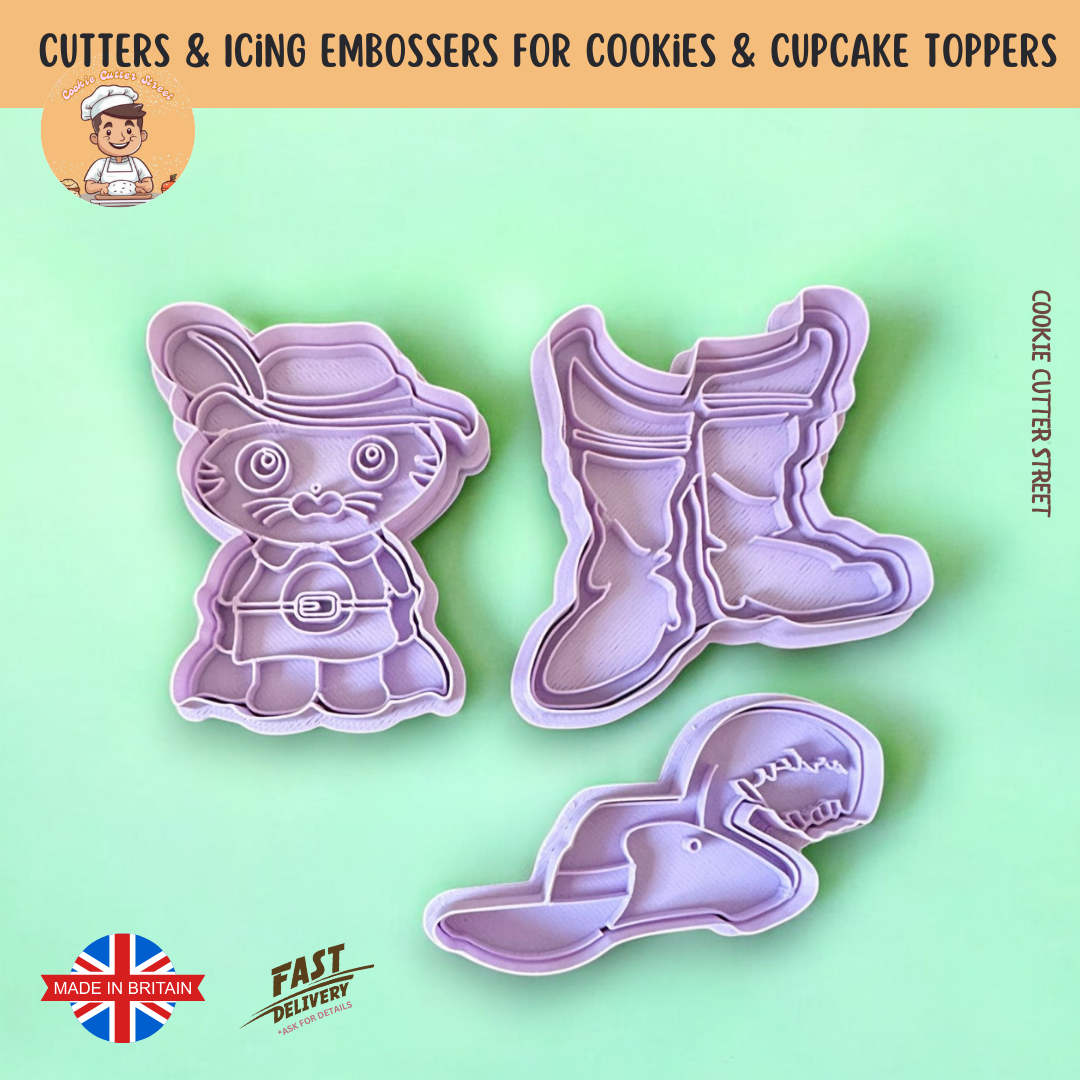 Shrek-inspired Puss in Boots Cookie Cutter Set featuring Puss, his feathered hat, and boots—ideal for themed cookies and fondant toppers.