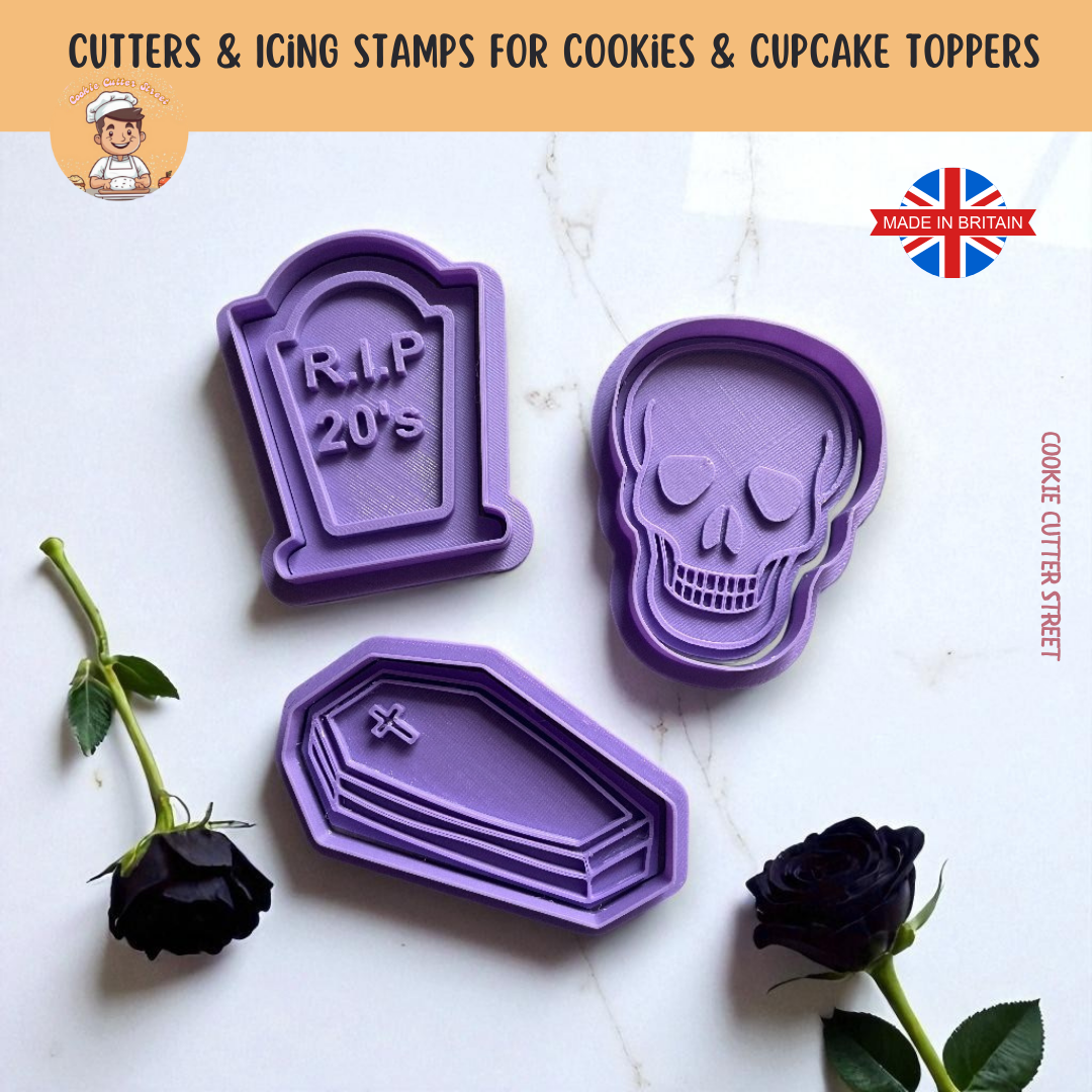 Gothic R.I.P 20's Birthday Milestone Turning Thirty Cutters & Icing Embossers For Cookies & Cupcake Toppers