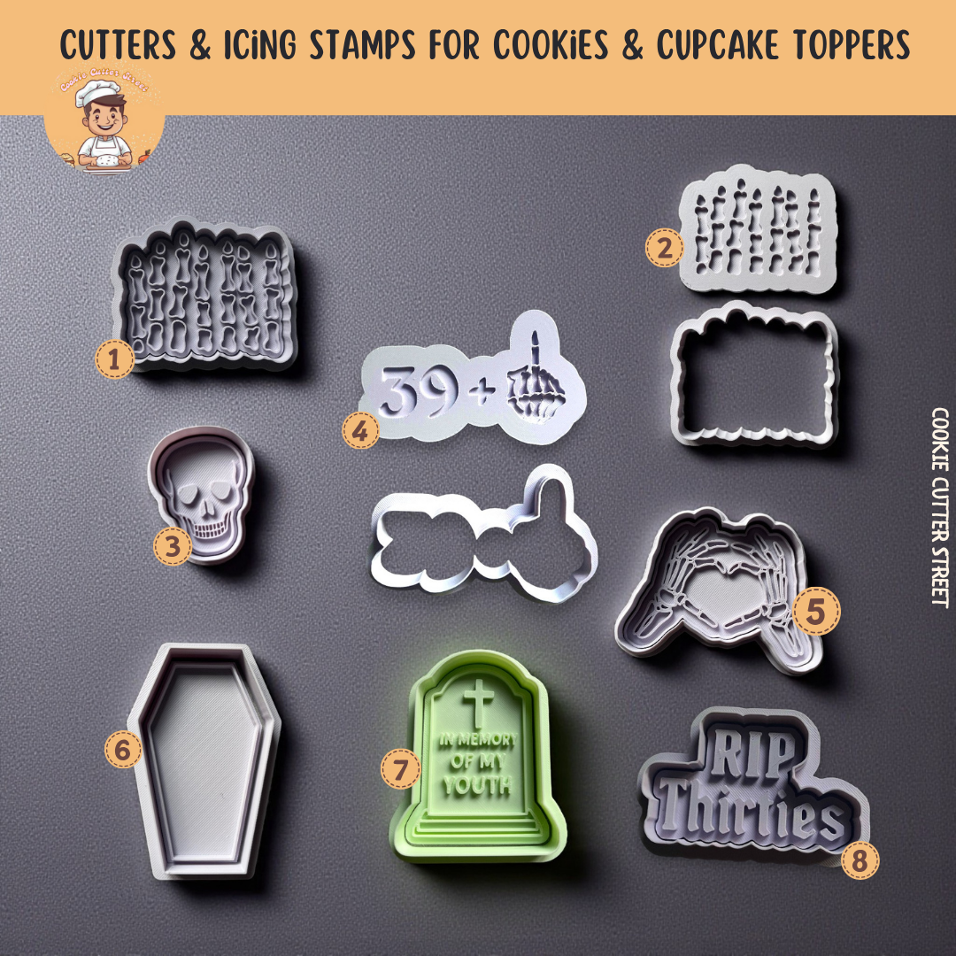RIP 30's In Memory of My Youth Birthday Milestone Turning 40 Cutters & Icing Embossers For Cookies & Cupcake Toppers