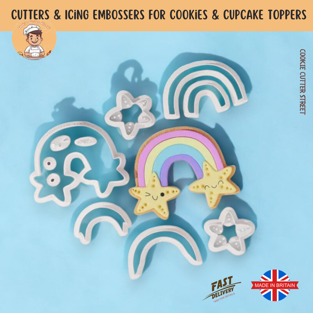 A multi-piece cookie cutter set featuring a swirly rainbow, stars, and clouds for elegant, pastel-themed baking.