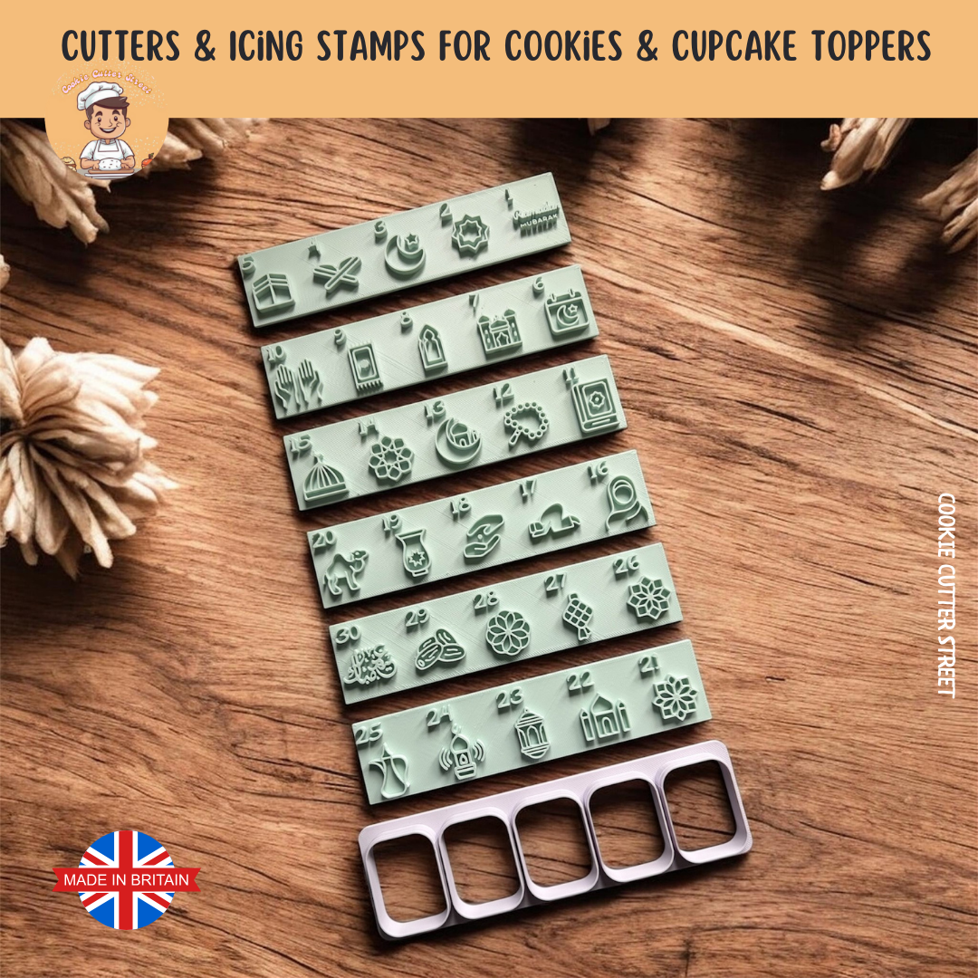 Ramadan advent calendar cookie cutter and raised stamp set with numbered Islamic designs for daily Ramadan countdown cookies.