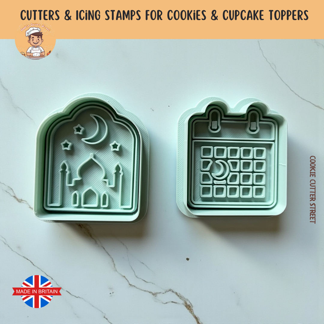 Two cookie cutters with religious and calendar designs on a marble surface, branded 'Cookie Cutter Street'.