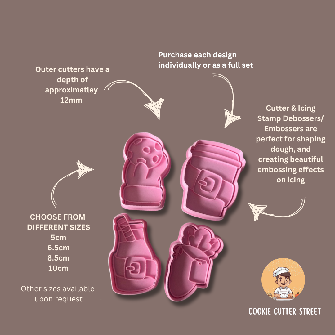 A festive set of Santa and Christmas Eve themed cookie cutters and embossers, including designs like Santa’s head, a Santa mug, milk bottle, and candy cane boot—perfect for seasonal baking.
