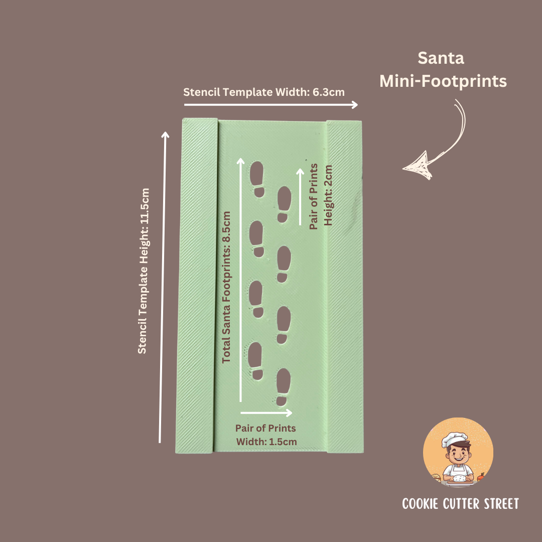 Green stencil template with measurements and 'Santa Mini-Footprints' text on a brown background, featuring the Cookie Cutter Street logo.