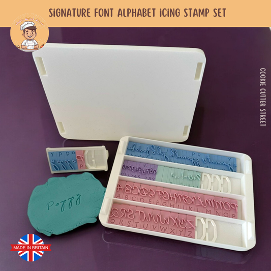 Signature font alphabet icing stamp set with uppercase & lowercase letters, numbers, and punctuation, available with or without a storage box.