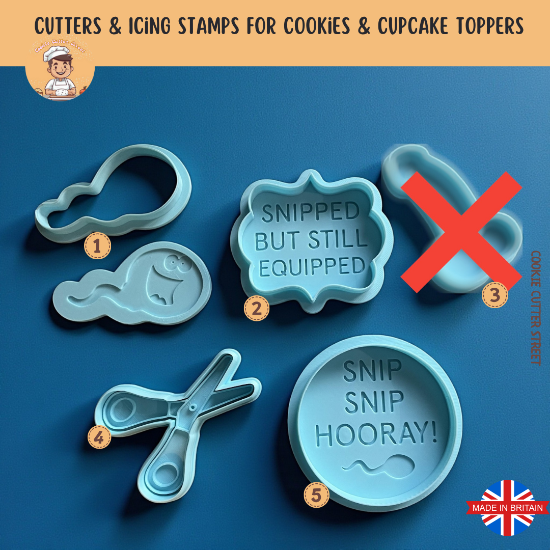 A funny cookie cutter and icing stamp set themed around vasectomy recovery, featuring “Snip Snip Hooray” and “Snipped But Still Equipped” designs, scissors, and playful shapes.