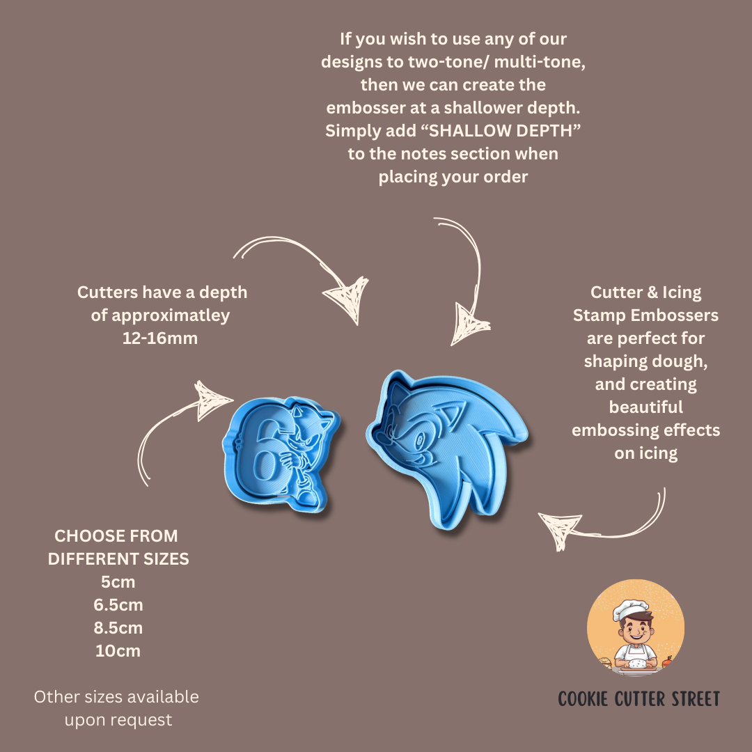 Sonic-themed cookie cutters & icing embossers, featuring Sonic’s face and a birthday figure holding a number 6. Perfect for birthdays and gaming-themed treats.