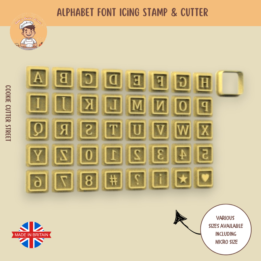 Bordered alphabet letter icing stamp set with matching square cutter, includes A–Z, numbers, and symbols. Available in sizes from 2cm to 10cm.