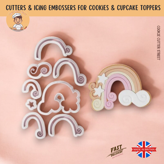 A multi-piece cookie cutter set featuring a swirly rainbow, stars, and clouds for elegant, pastel-themed baking.
