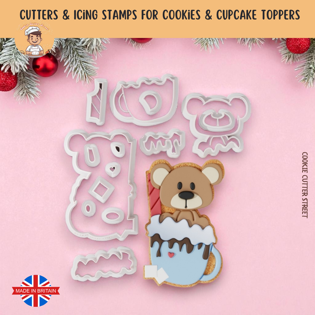 Cute Teddy Bear Cup Multi-Piece Cutter & Icing Embosser For Cookies & Cupcake Toppers