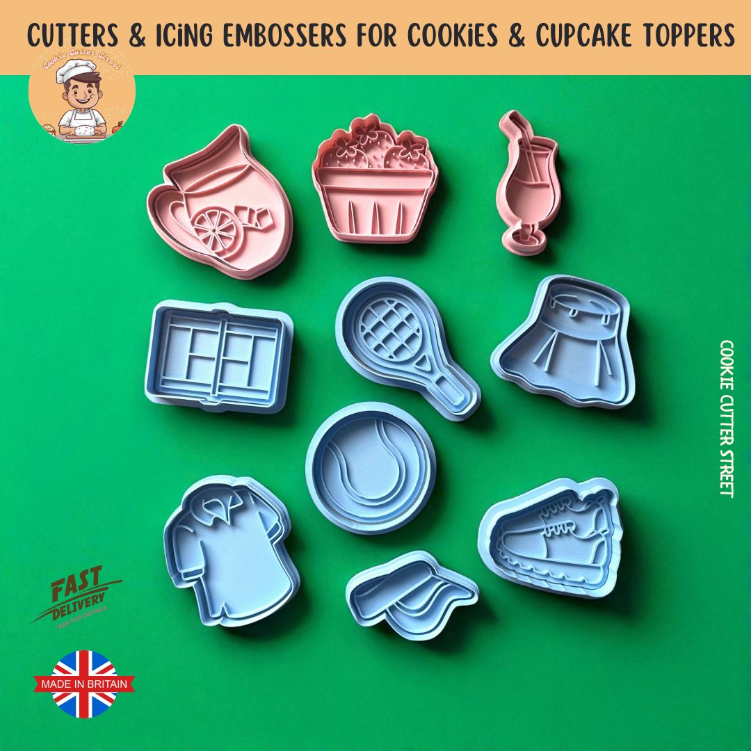 Wimbledon-themed cookie cutter and embosser set featuring Pimm’s jug, cocktail glass, strawberries, tennis gear and sporty icons – ideal for summer and tennis-themed bakes.