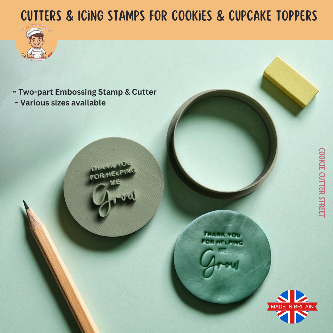 Two-part embossing stamp and cutter with 'Thank you for helping me grow' text on a light green background.