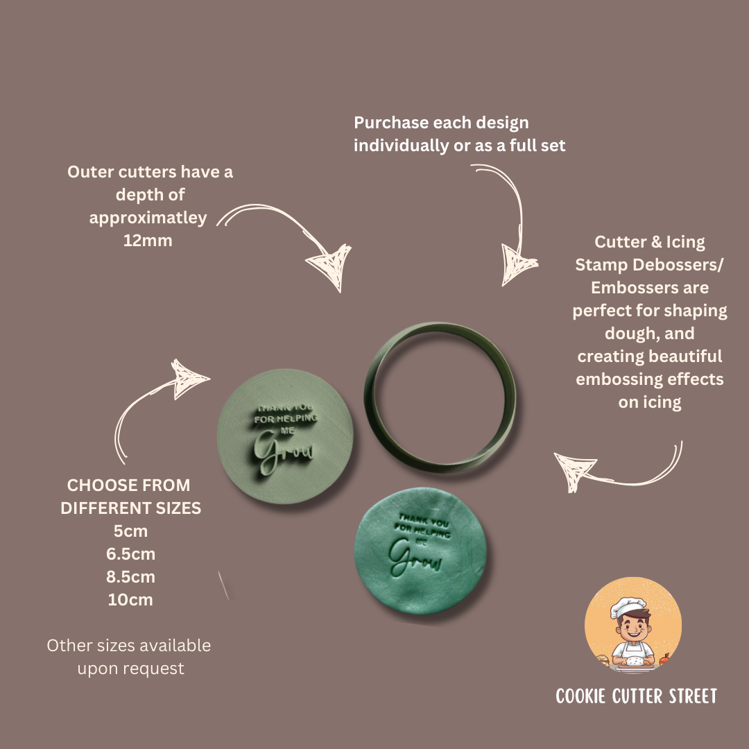 Green cookie cutters with text on a brown background, featuring Cookie Cutter Street branding.