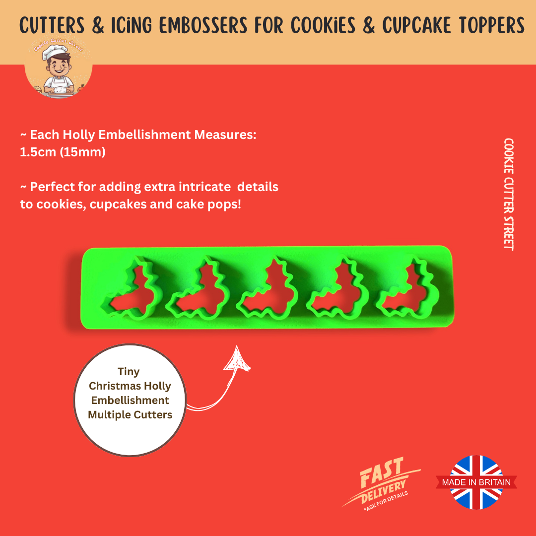 a multi-cutter featuring Christmas Holly to create embellishments for cookies and cupcakes