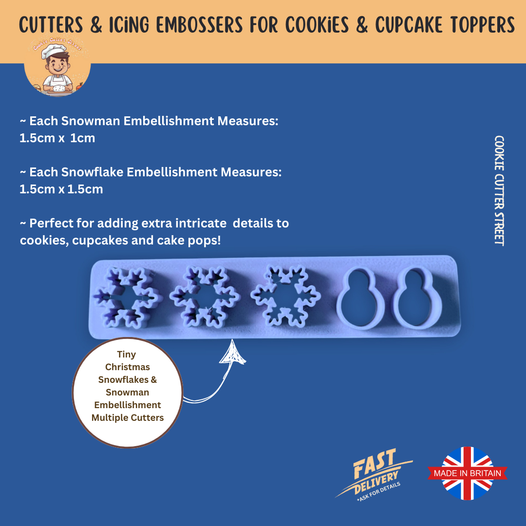 A multiple cutter featuring 3 snowflakes and 2 snowmen to create Christmas icing decorations