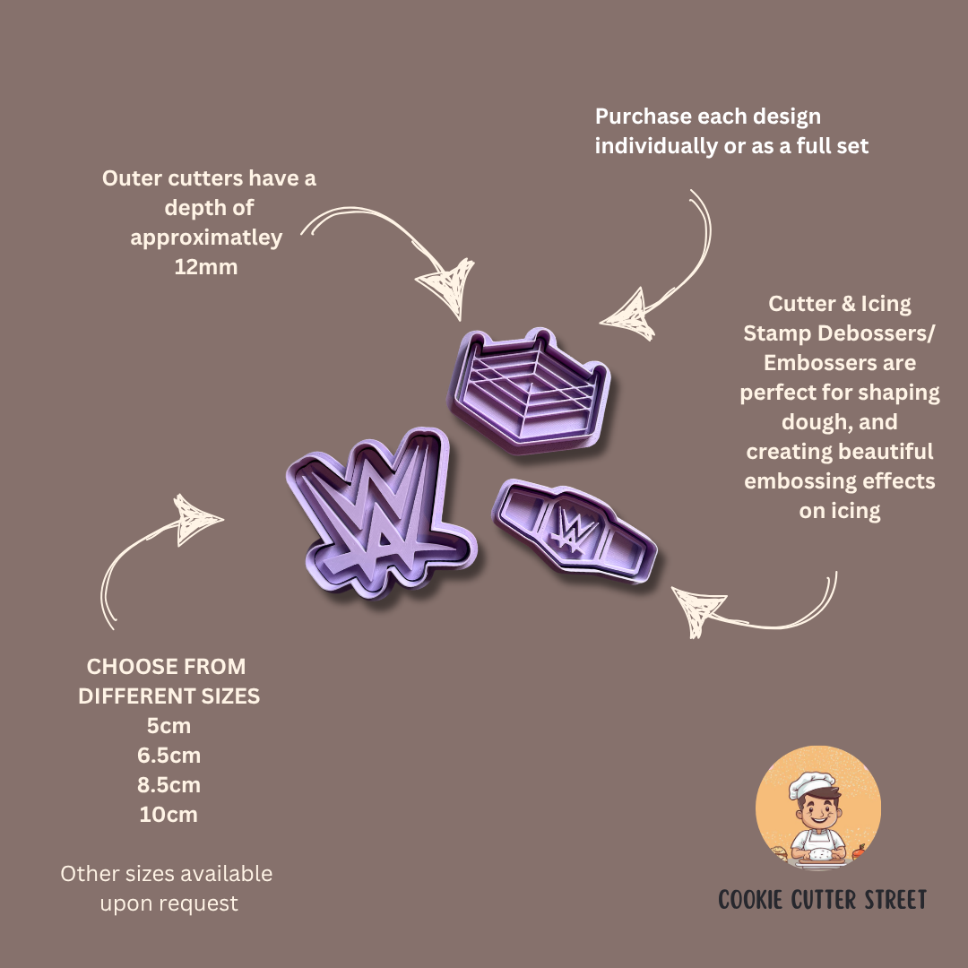 A set of 3 WWE-themed cookie cutters and icing embossers including a wrestling ring, WWE logo, and champion belt in a bold purple colour, made from food-safe PLA.