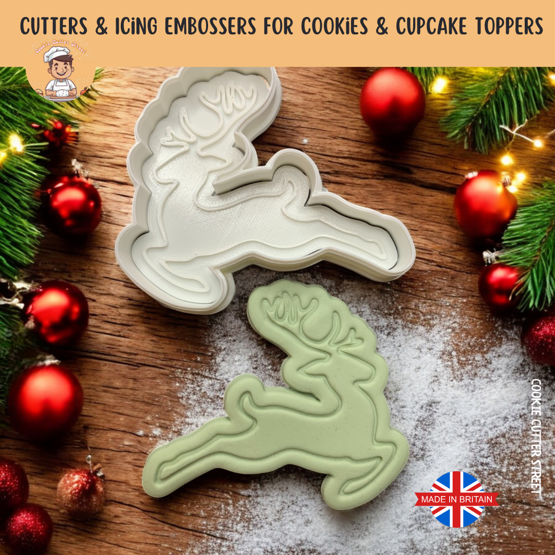 Whimsical Christmas Reindeer Cutter & Icing Embosser For Cookies & Cupcake Toppers