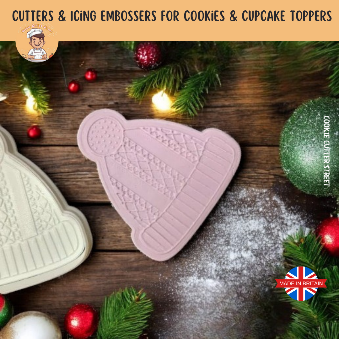 Whimsical Christmas Winter Knitted Hat Cutter & Icing Embosser For Cookies & Cupcake Toppers