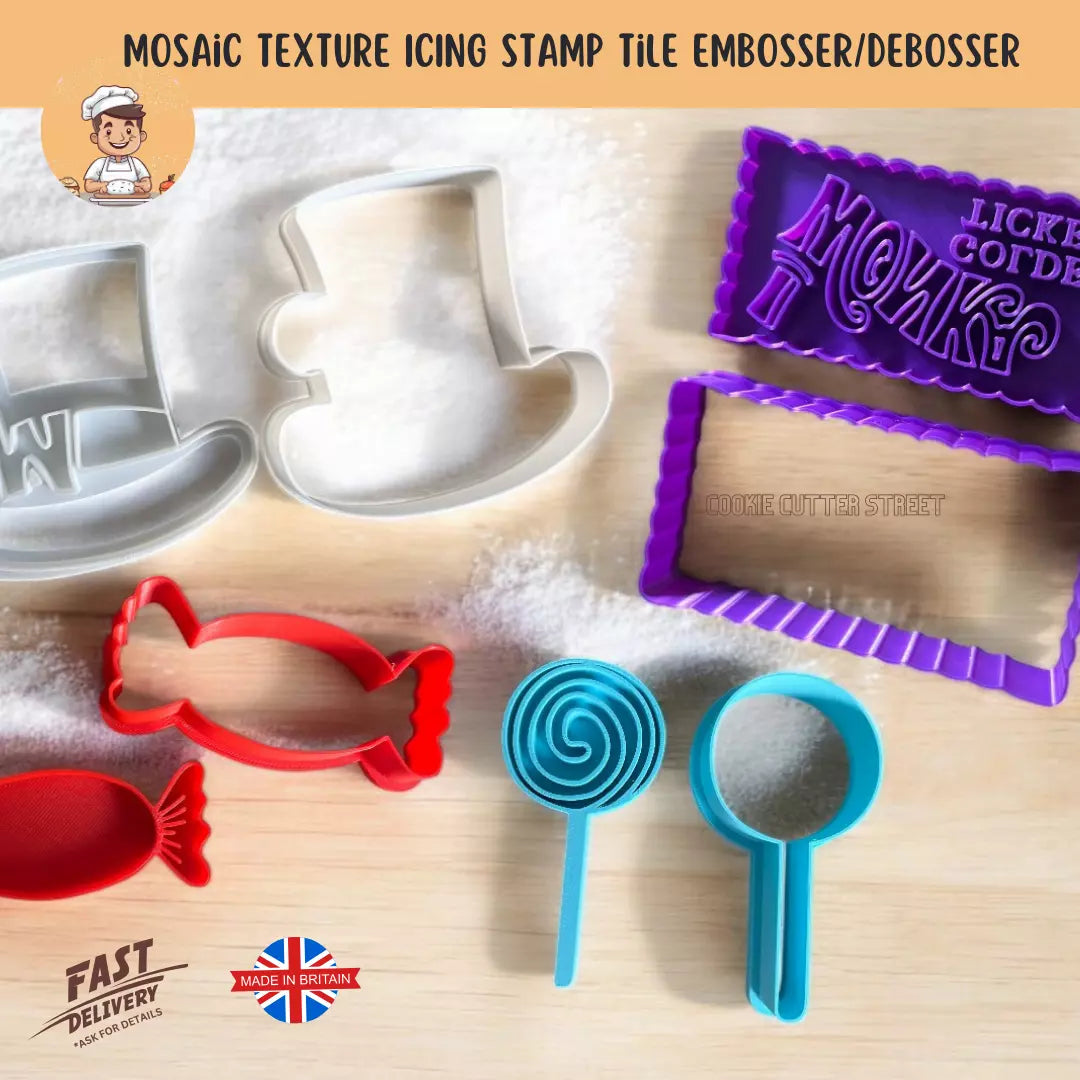 Set of Charlie Chocolate Factory, Willy Wonka Cutters & Icing Embossers For Cookies & Cupcake Toppers
