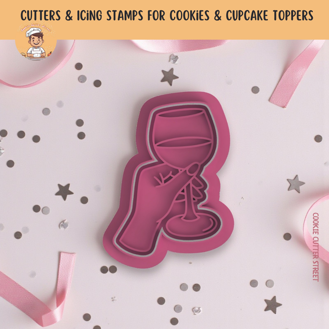 Elegant Hand & Glass Design Cutter & Icing Embosser For Cookies & Cupcake Topper