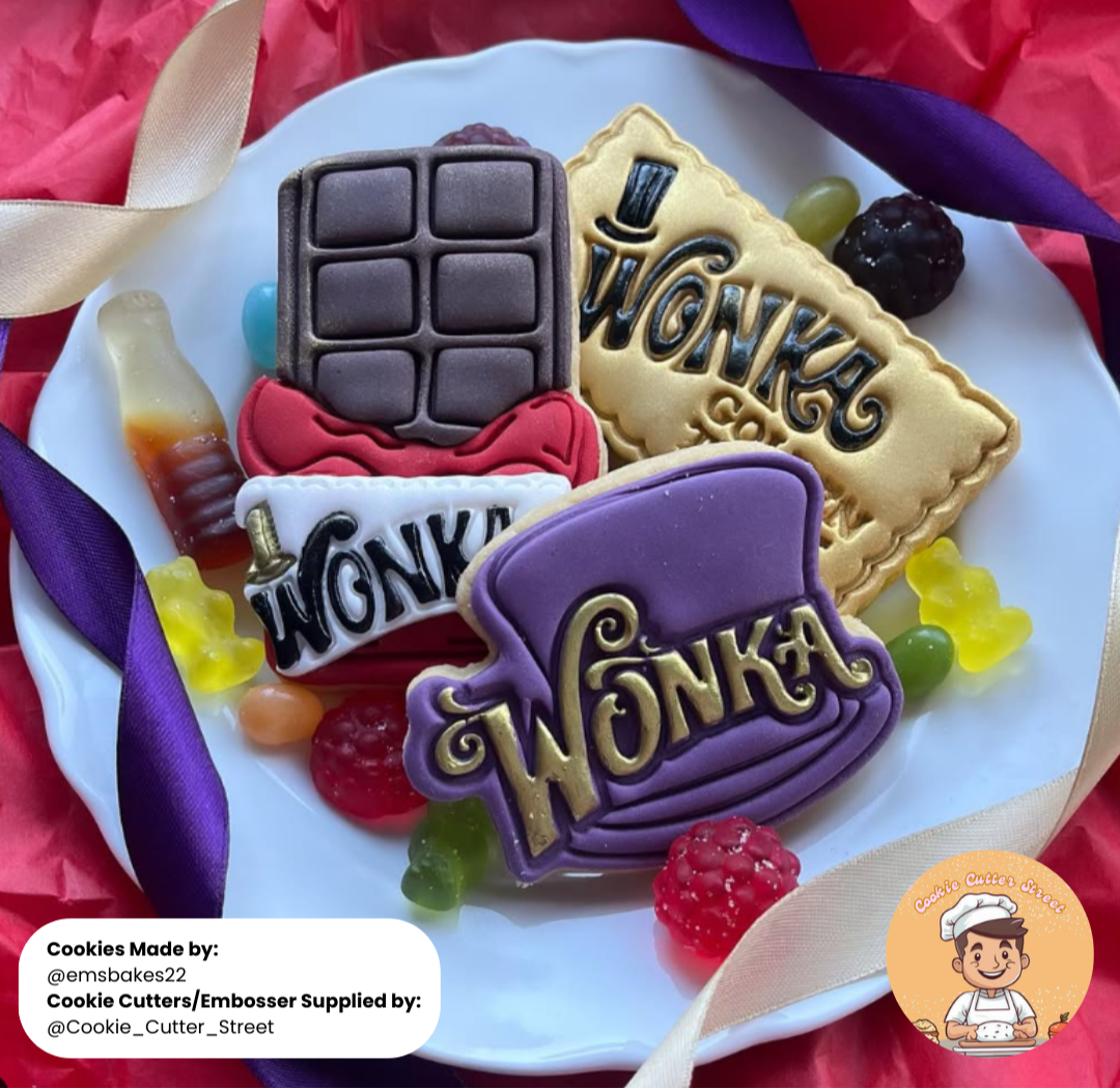 Set of Charlie Chocolate Factory, Willy Wonka Cutters & Icing Embossers For Cookies & Cupcake Toppers