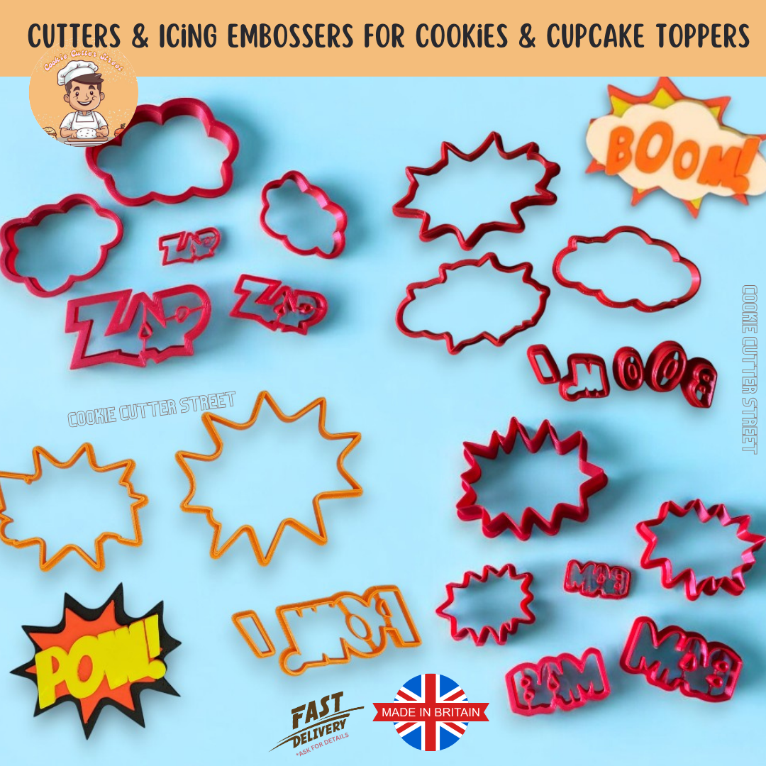 Set of comic book-themed cookie cutters with designs including POW!, BOOM!, ZAP!, and BAM! Perfect for superhero parties, kids’ birthdays, and comic book-themed events