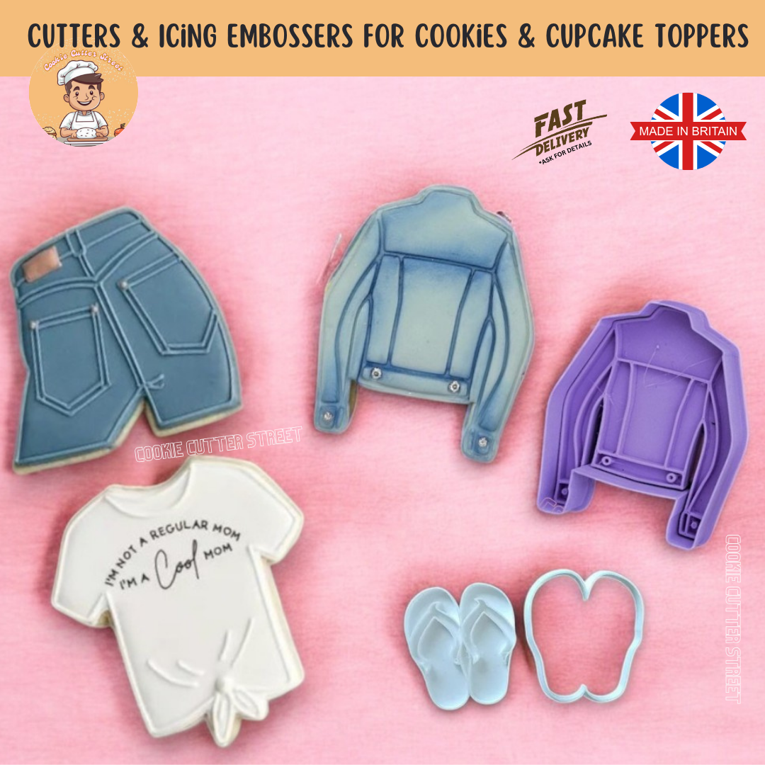 Set of Denim & Casual Fashion Cookie Cutters featuring 4 stylish designs: denim jeans, a T-shirt with "Cool Mom" text, a denim jacket, and flip-flops. Perfect for fashion-themed cookies, fondant, or cupcake toppers.