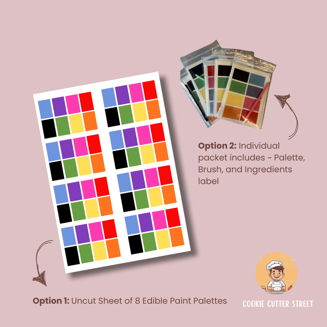 Edible paint palette sheets with color swatches on a pink background, featuring Cookie Cutter Street branding.