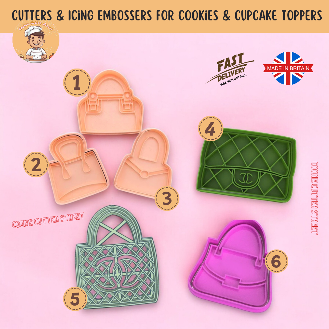Set of 6 Handbag Cookie Cutters featuring designs like a tote bag, clutch, quilted bag with chain handle, bow handbag, shoulder bag, and mini satchel. Ideal for birthdays, bridal showers, and fashion-themed parties