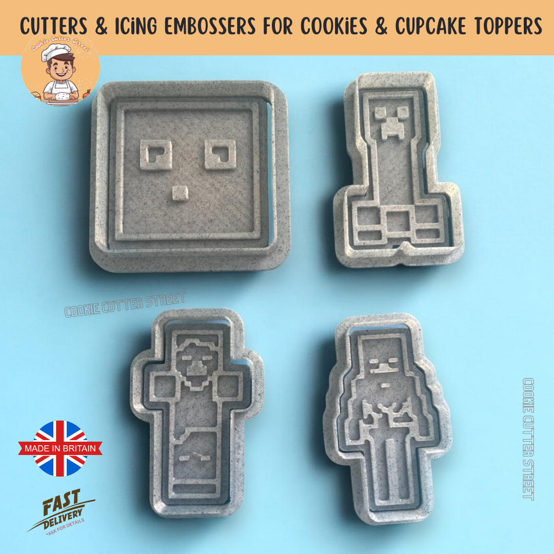 Set of 4 pixelated gaming character cookie cutters & embossers, featuring blocky designs perfect for cookies, fondant, and cupcake toppers. Ideal for gaming-themed parties and birthdays