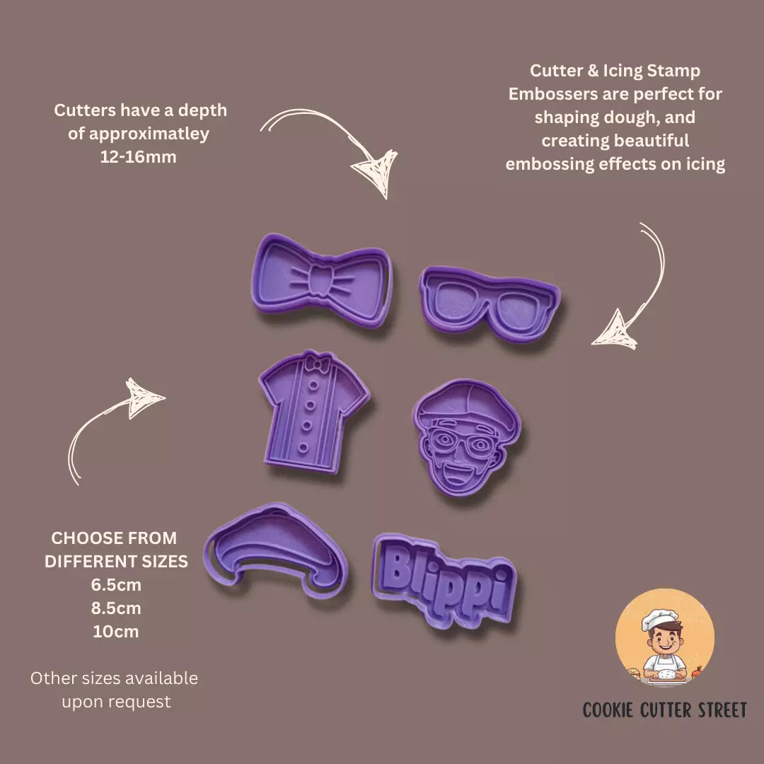 Blippi Themed Cutters & Icing Embossers For Cookies & Cupcake Toppers