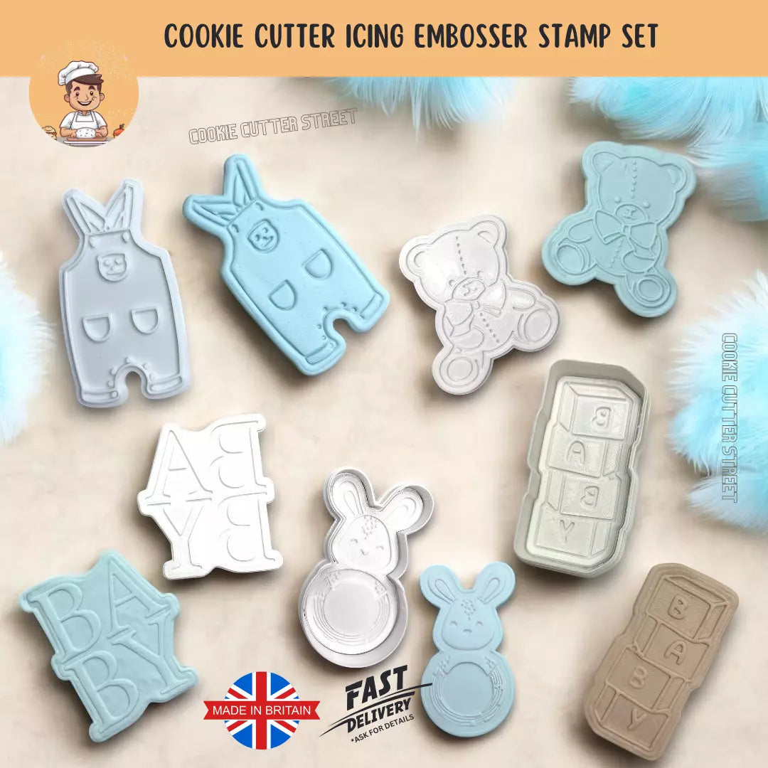 Set of 5 Cute Baby Shower Cutters & Icing Embossers For Cookies & Cupcake Toppers