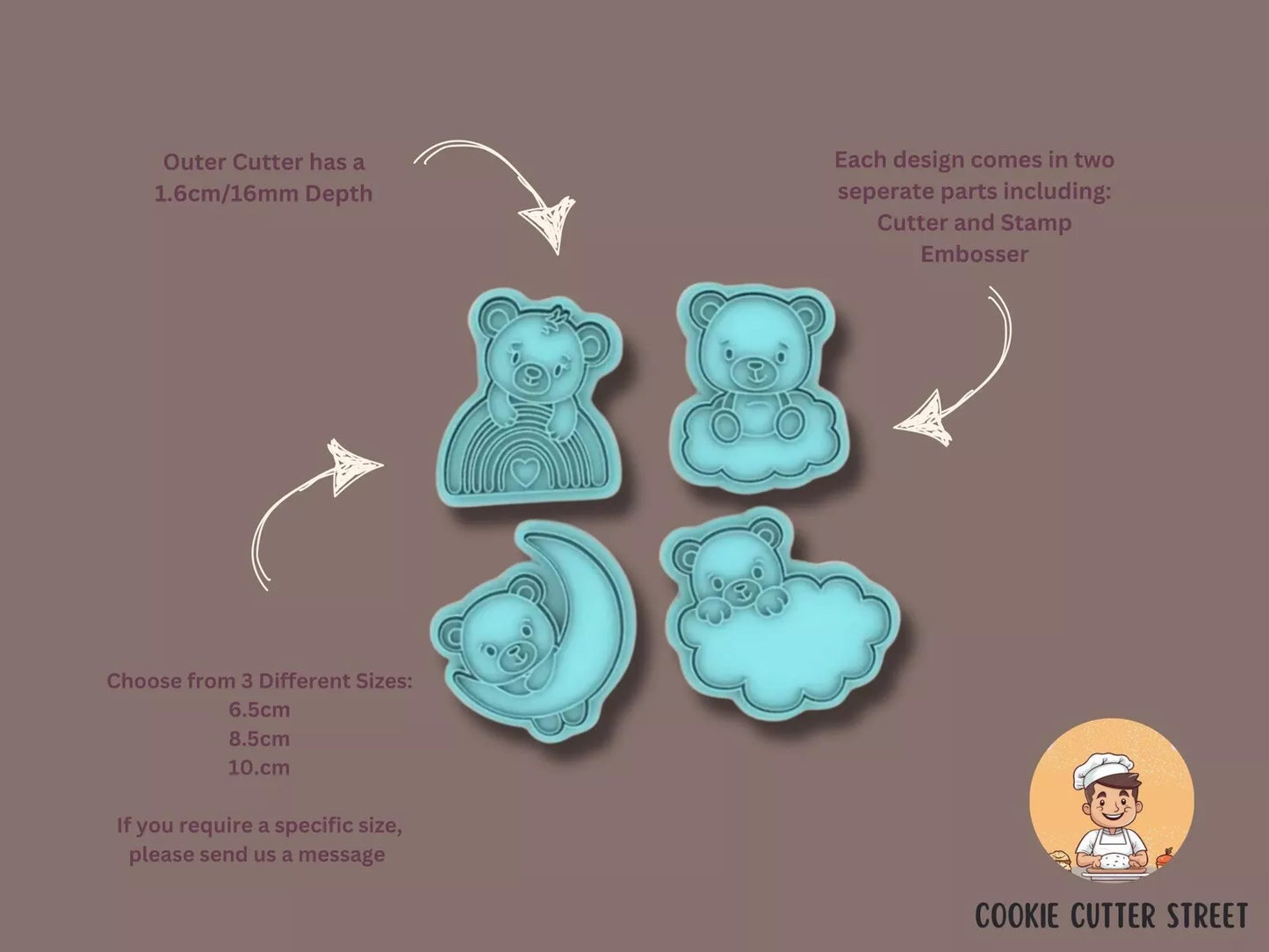 Set of 4 Teddy Bear Baby Shower Cutters & Icing Embossers For Cookies & Cupcake Toppers