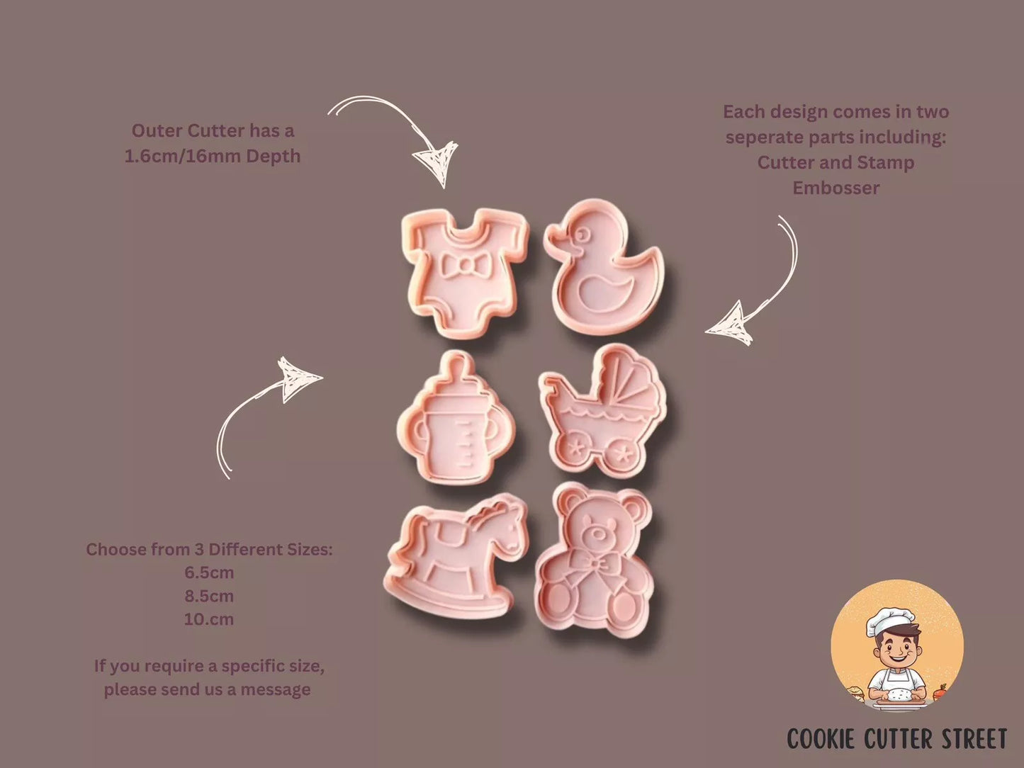 Set of 6 Cute Baby Shower Cutters & Icing Embossers For Cookies & Cupcake Toppers