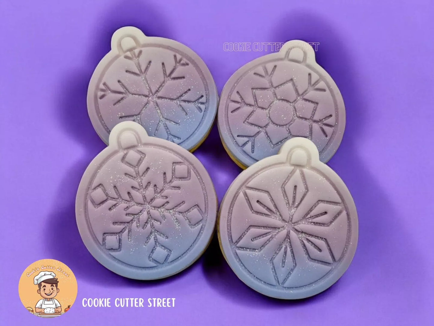 Set Of 4 Snowflake Christmas Bauble Cutters & Icing Embossers For Cookies & Cupcake Toppers
