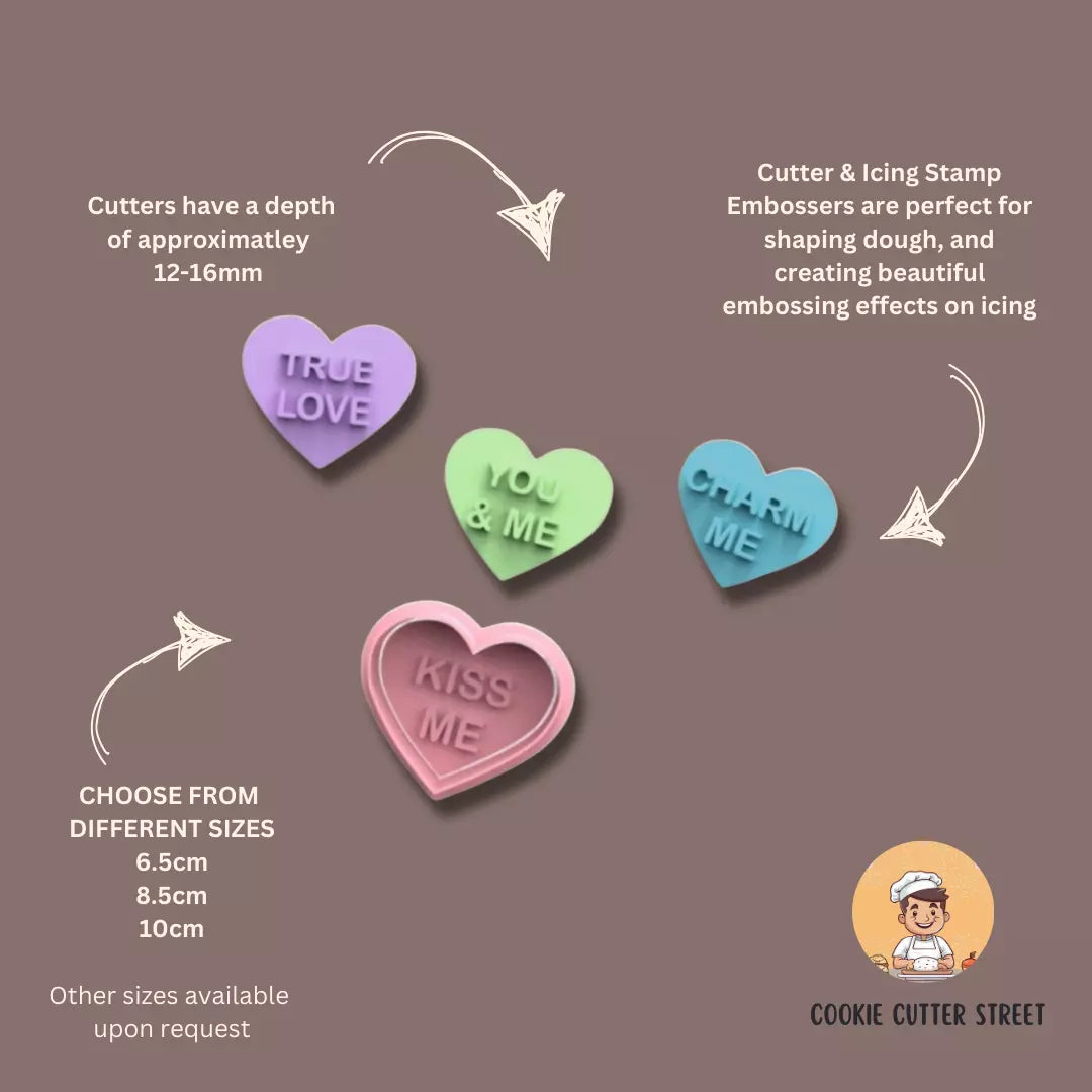 Valentines Love Heart Sweets Cutters & Icing Embossers For Cookies & Cupcake Toppers
