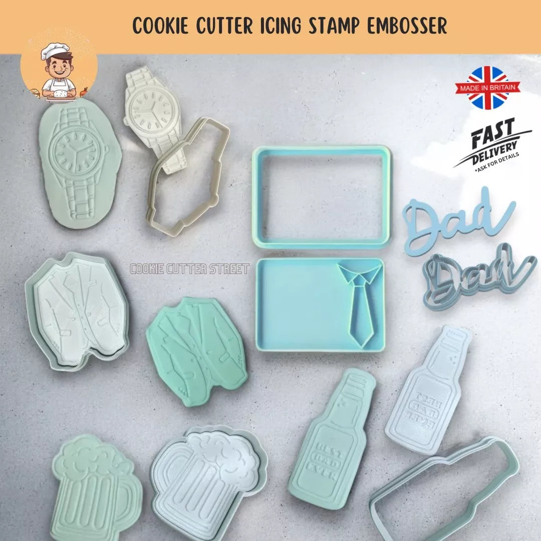 Classic Dad Birthday / Fathers Day Set of Cutters & Icing Embossers For Cookies & Cupcake Toppers