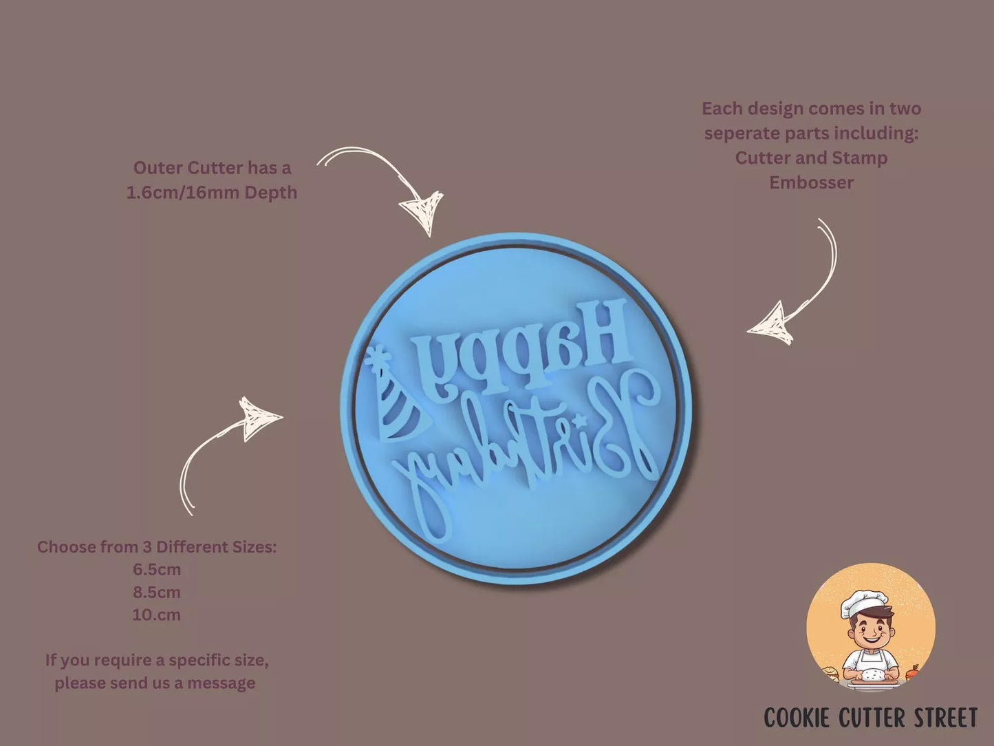 Circular Happy Birthday Party Hat Cutter & Icing Embosser For Cookies & Cupcake Topper