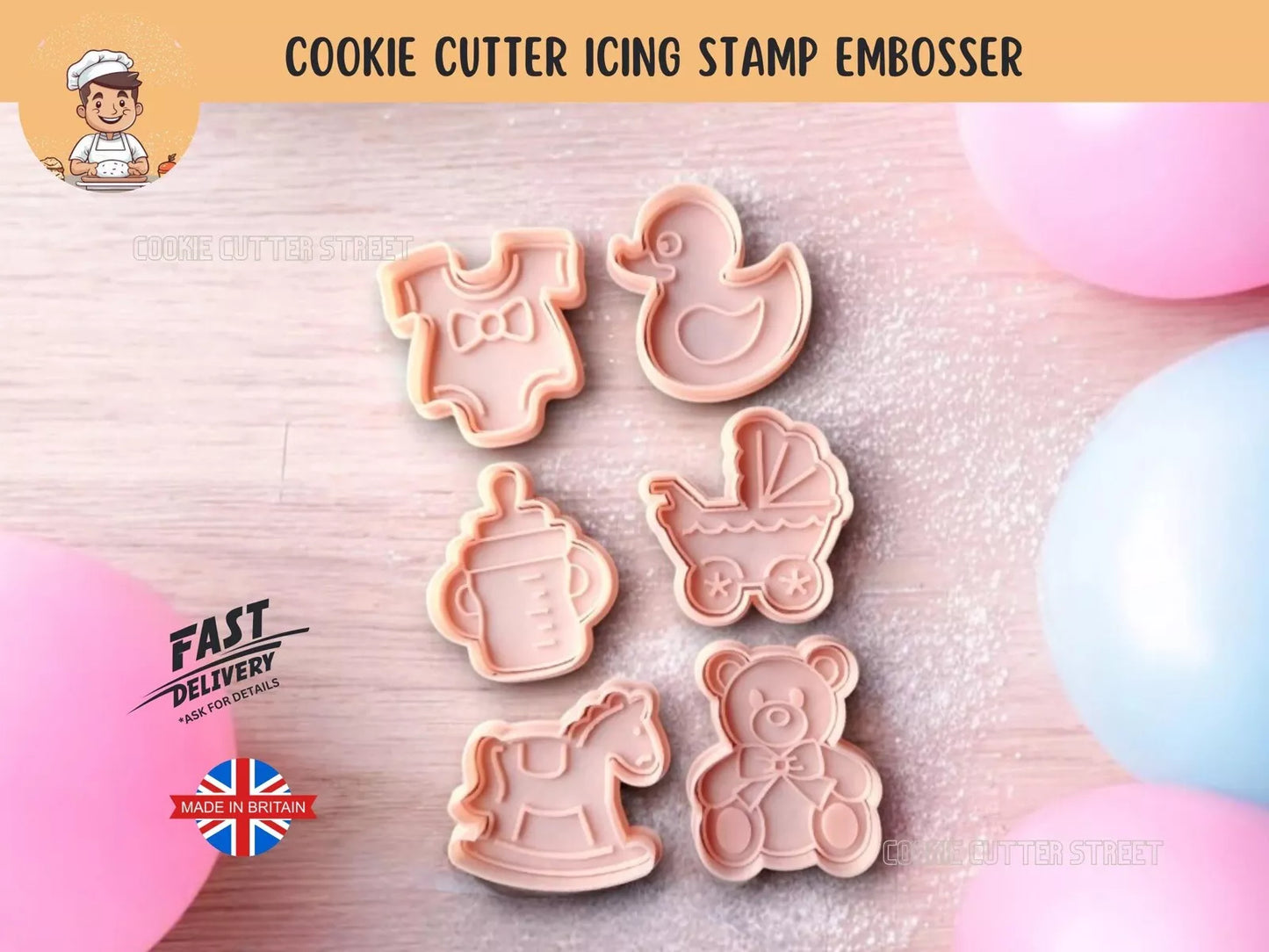 Set of 6 Cute Baby Shower Cutters & Icing Embossers For Cookies & Cupcake Toppers