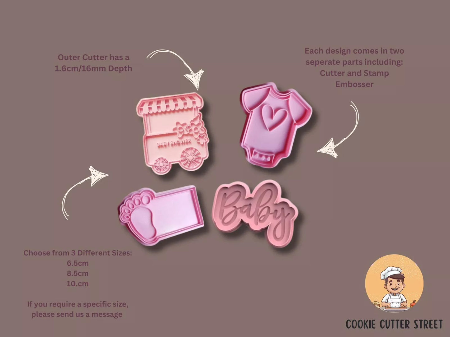 Adorable Sweet Cart Baby Shower Cutters & Icing Embossers For Cookies & Cupcake Toppers