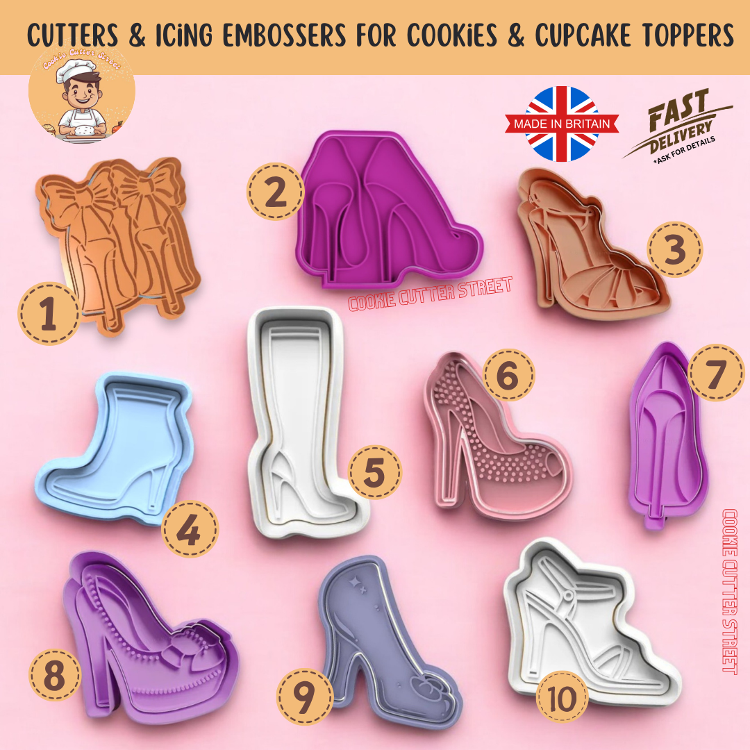 A collection of 10 unique stiletto shoe cookie cutters, perfect for creating elegant cookies or fondant toppers for birthdays, princess-themed parties, bridal showers, and fashion-forward events