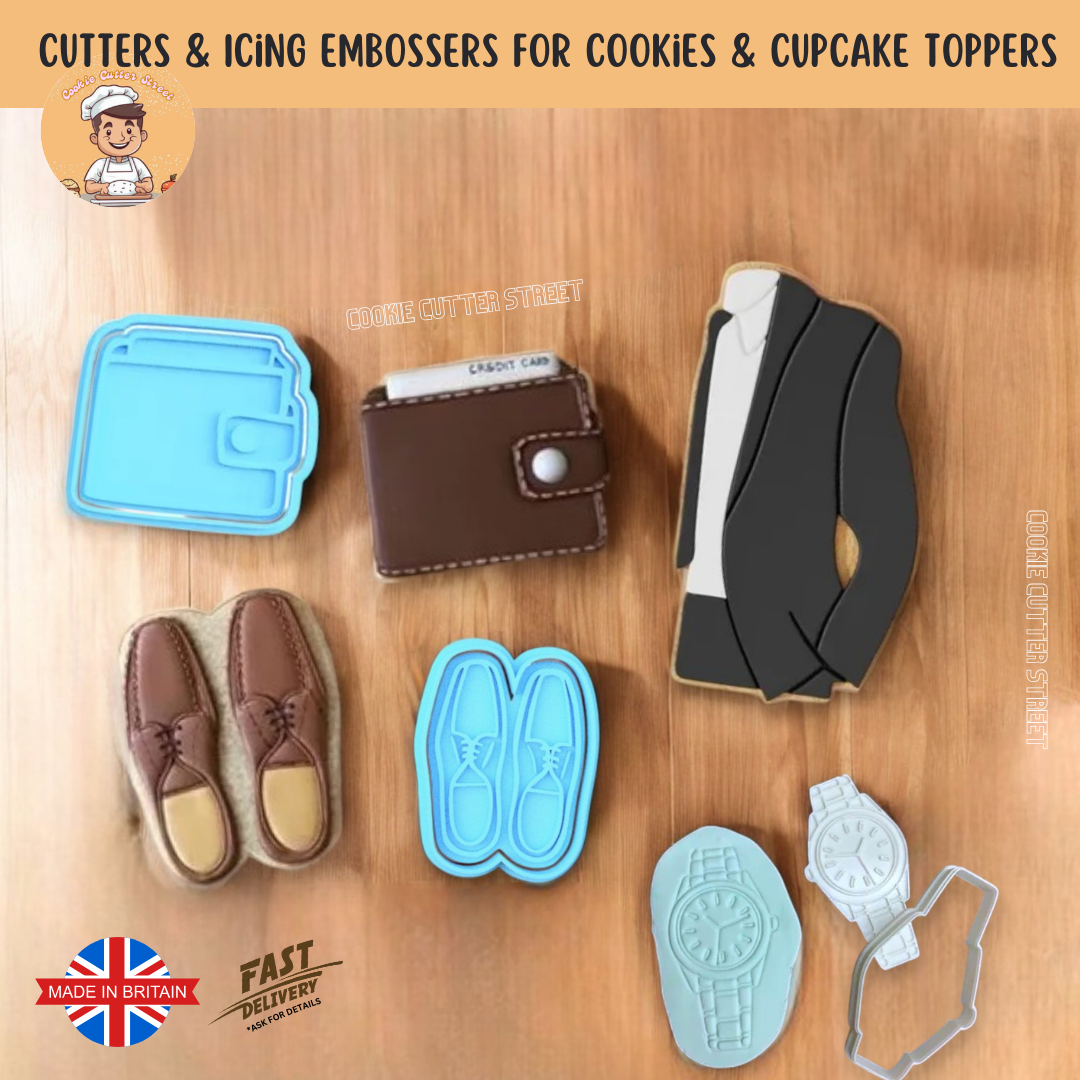 A set of four cookie cutters featuring a suit jacket, wristwatch, money wallet, and formal shoes. Perfect for creating elegant cookies or fondant decorations for weddings, Father’s Day, corporate events, and other formal occasions