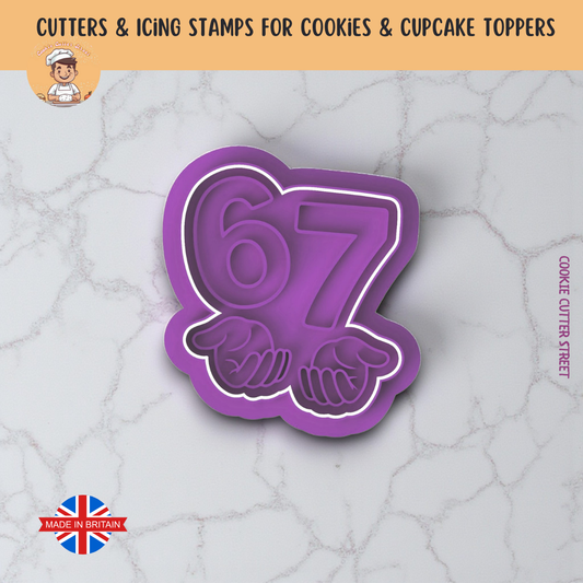 Purple “67” novelty cookie cutter and imprint stamp with playful hand detail for fun and humorous cookie designs