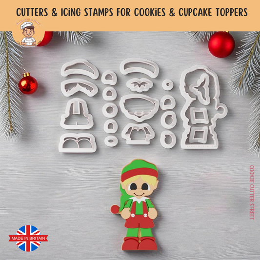 Cute Christmas Elf (Boy) Multi-Piece Icing Cutter For Cookies & Cupcake Toppers