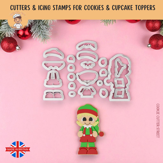 Cute Christmas Elf (Girl) Multi-Piece Icing Cutter For Cookies & Cupcake Toppers