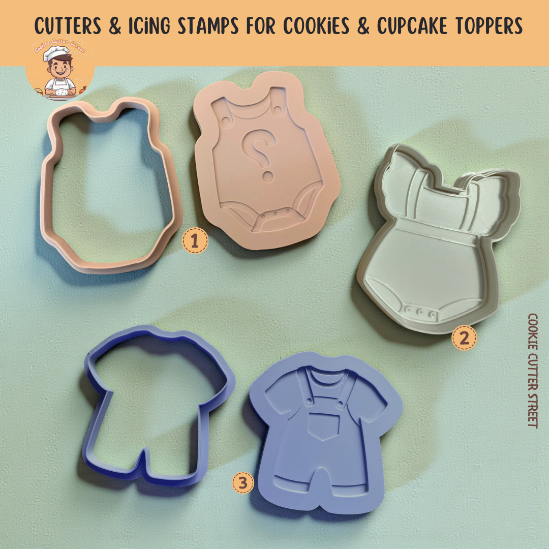 Baby Romper Gender Reveal Multi-Level Icing Stamps and Cutters For Cookies & Cupcake Toppers