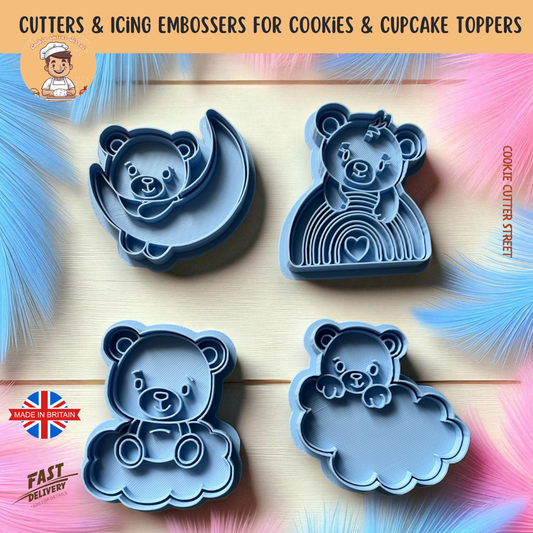 Set of 4 Teddy Bear Baby Shower Cutters & Icing Embossers For Cookies & Cupcake Toppers