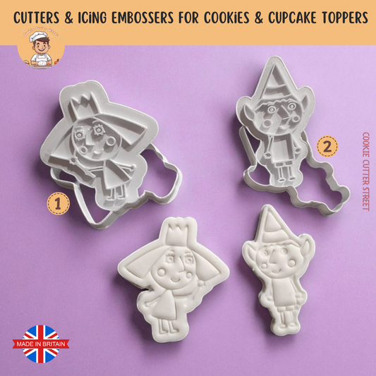 Set of Ben & Holly cookie cutters with embossers on a purple background, featuring cartoon characters.