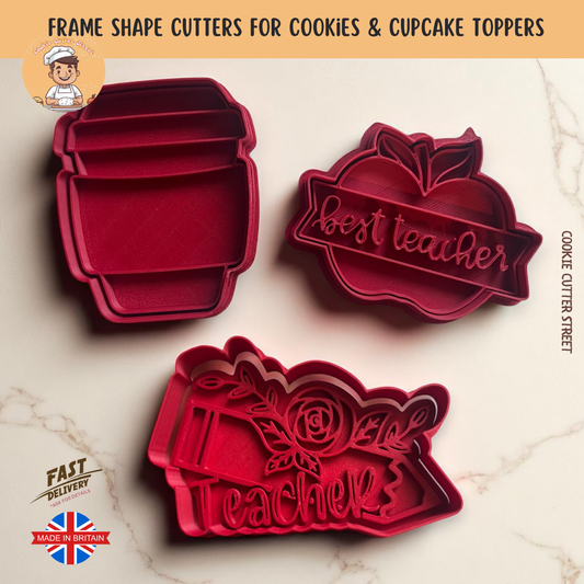 Red 3D printed cookie cutters shaped like a coffee cup, apple with “Best Teacher” text, and floral pencil with the word “Teacher” – ideal for thank you gifts.